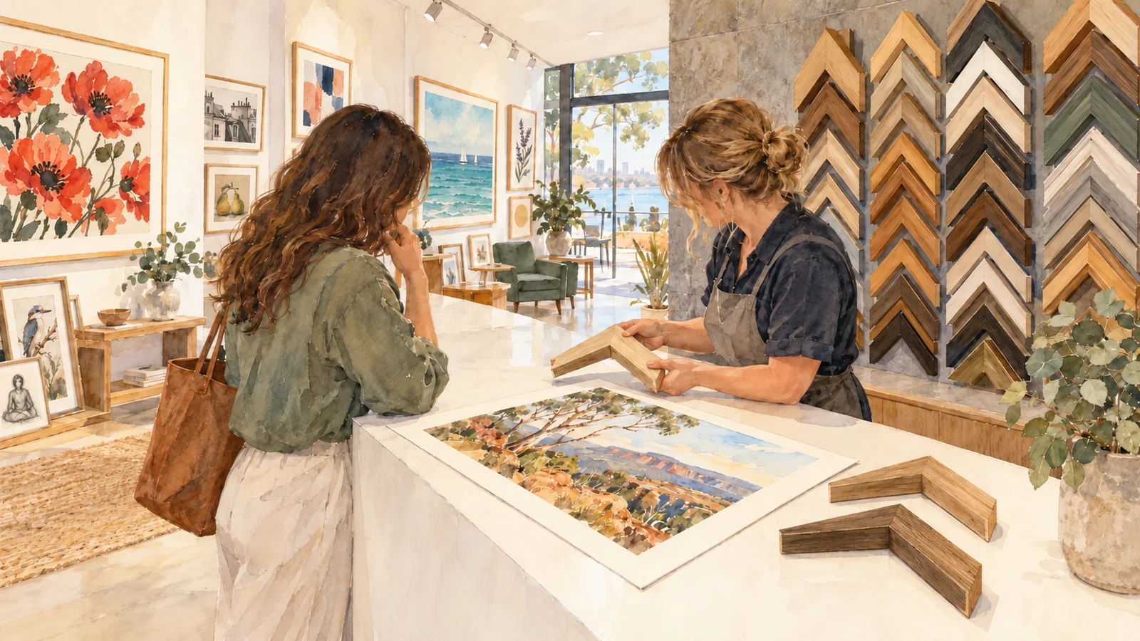 Watercolour illustration of preparing and discussing art prints in a clean studio.