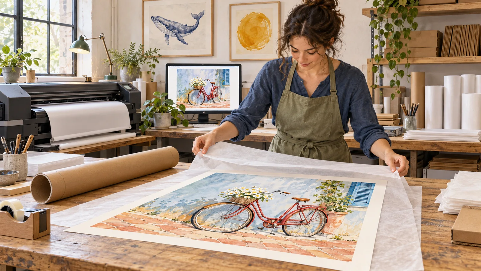 Watercolour illustration of protecting a bicycle art print for delivery beside its matching screen preview.
