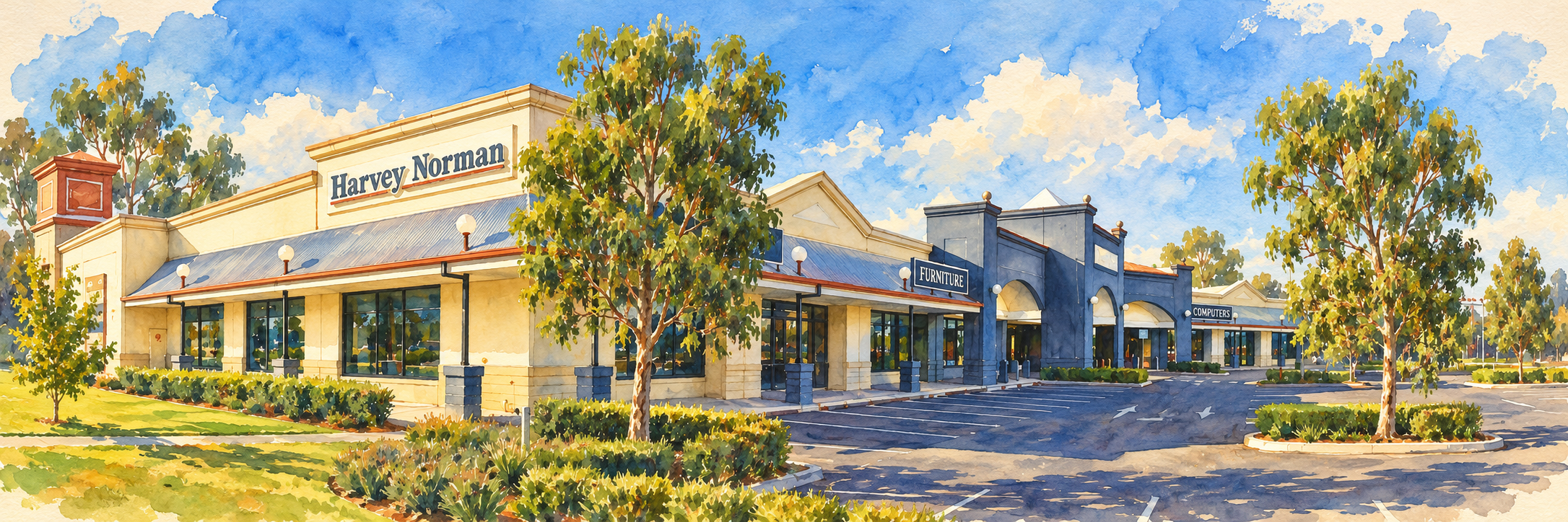 Painted interpretation of the Harvey Norman Superstore in Wagga Wagga, based on a historical photograph.
