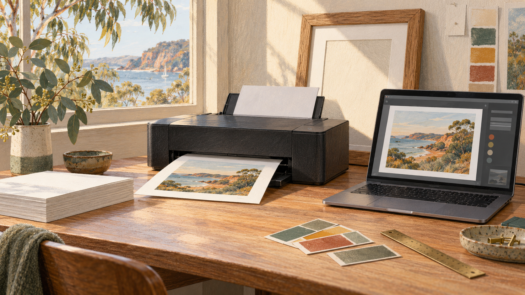 Illustration of a home photo printer, a fresh landscape print and paper on a wooden desk.