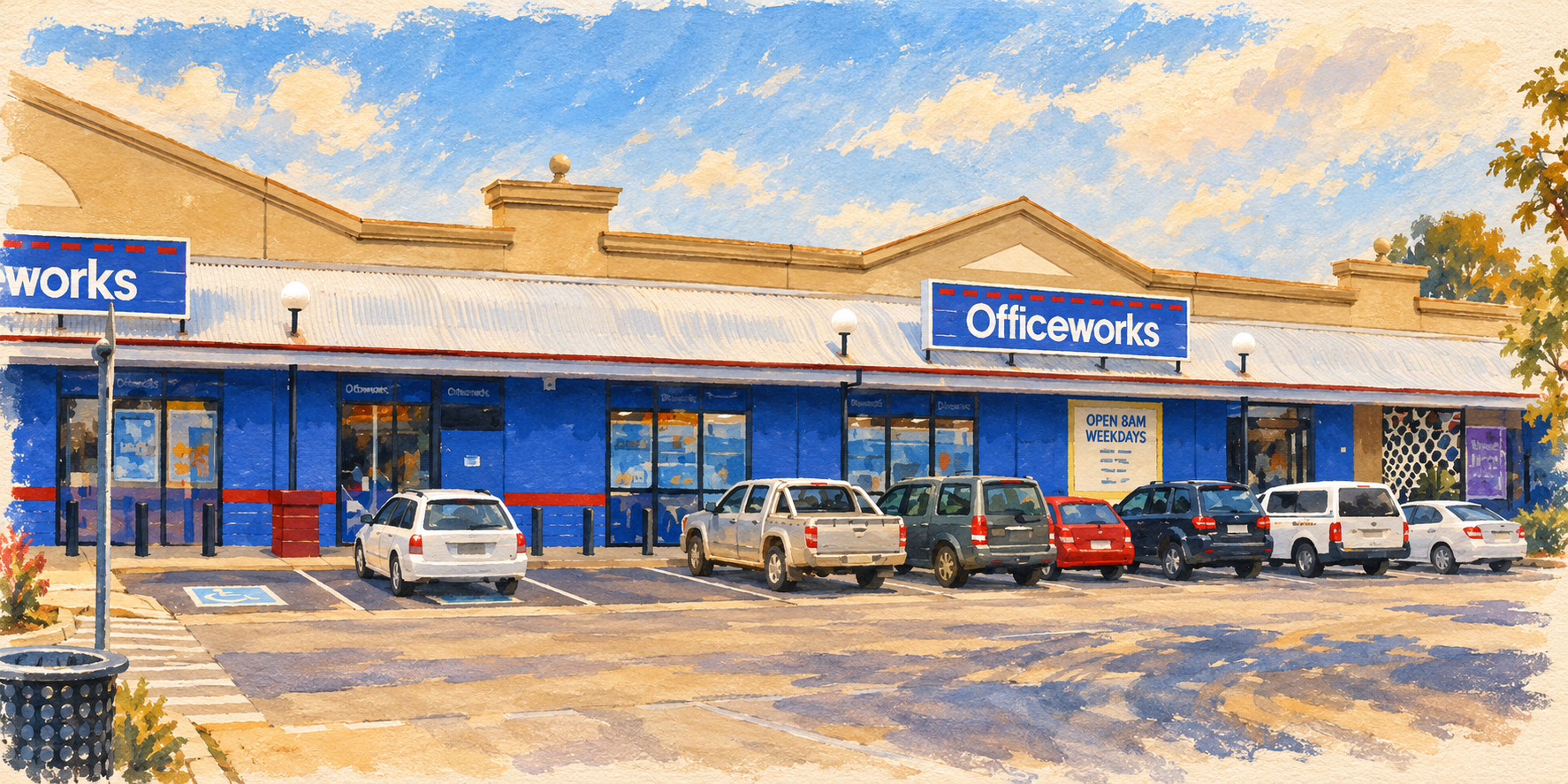 Painted interpretation of the Officeworks Wagga Wagga branch, based on a historical photograph.