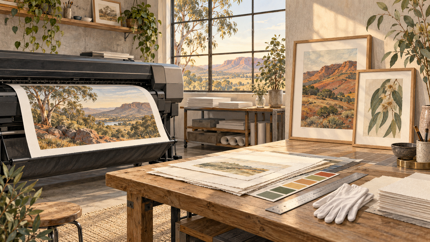 Illustration of a sunlit art-printing studio, paper samples and a landscape print.