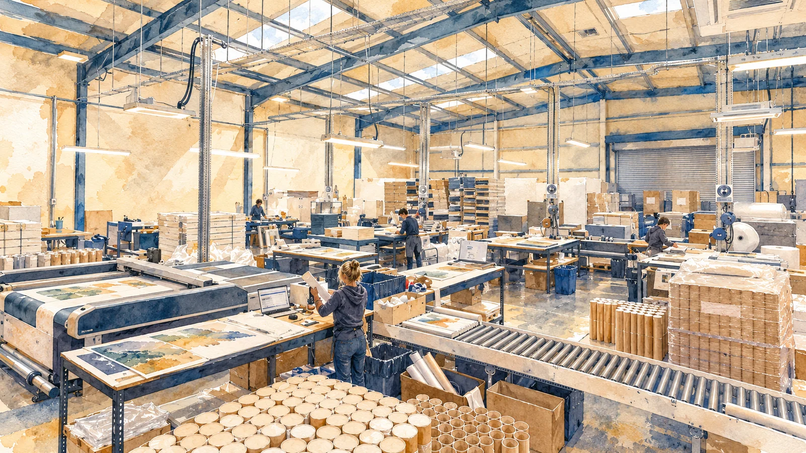 Watercolour interpretation of a Prodigi printing laboratory interior.