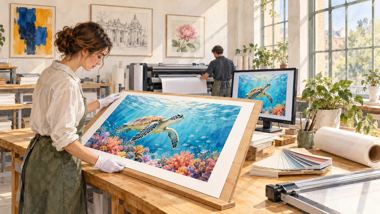 Watercolour illustration of preparing and discussing art prints in a clean studio.